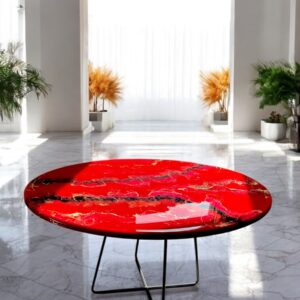 Ekskluzywny Stolik Designerski z Żywicy Epoksydowej w Kolorze Czerwonym, Złotym i Czarnym