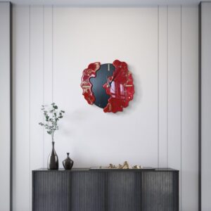 Unikalny Zegar Ścienny z Żywicy Epoksydowej - Nowoczesny Design, Czerwono-Złote Akcenty