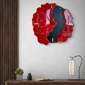Unikalny Zegar Ścienny z Żywicy Epoksydowej – Nowoczesny Design z Czerwono-Złotymi Akcentami
