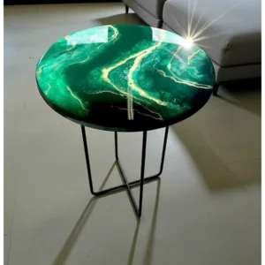 Stolik Kawowy z Żywicy Epoksydowej - Butelkowa Zieleń z Akcentami Złota. Fi 45cm