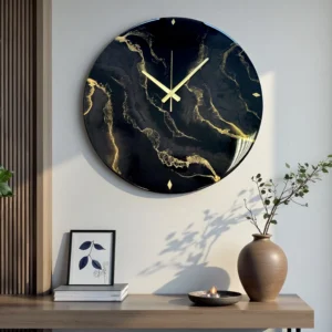Zegar z Żywicy Epoksydowej 50 cm Czarny Złoto Premium Handmade Design