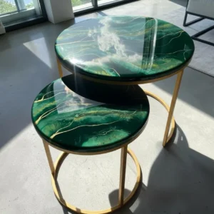 Stoliki Kawowe 2w1 z Żywicy Epoksydowej – Szmaragdowa Zieleń ze Złotymi Akcentami | Handmade Polska